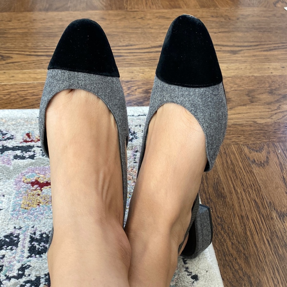 Chanel grey tweed black velvet sling back flat 39